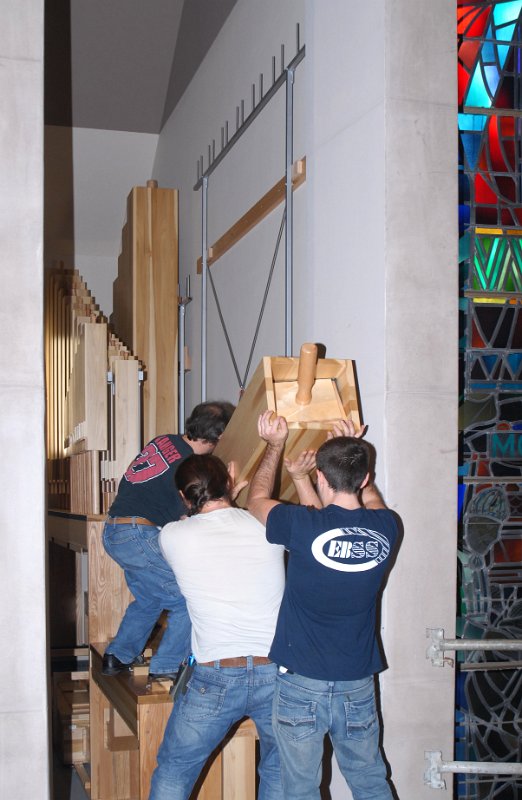 DSC_5306.JPG - Installing one of the 32' wooden pipes on the lectern side.